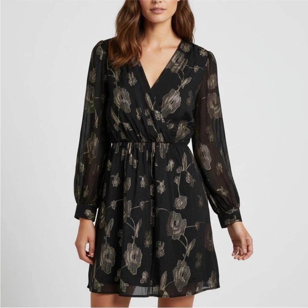 Express Black Dress with Metallic Gold Floral Print, Long Sleeve